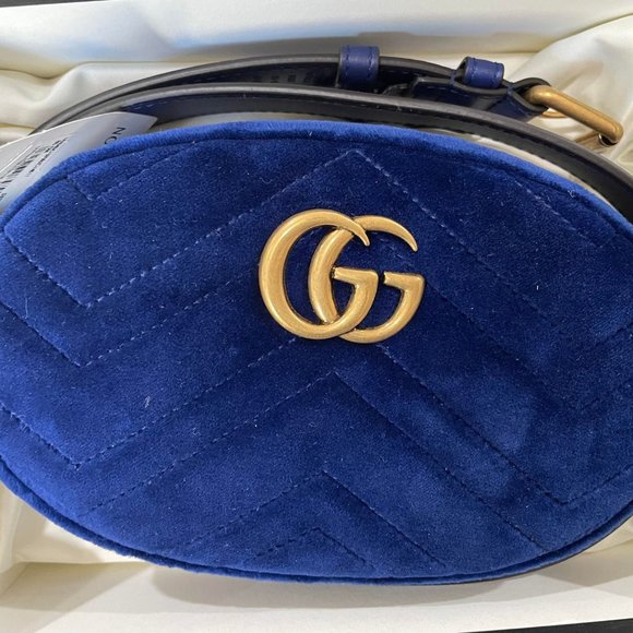 NEW GUCCI Blue Quilted Velvet GG Marmont Waist Belt Bag Fanny Pack Size 85/34 - Picture 3 of 11